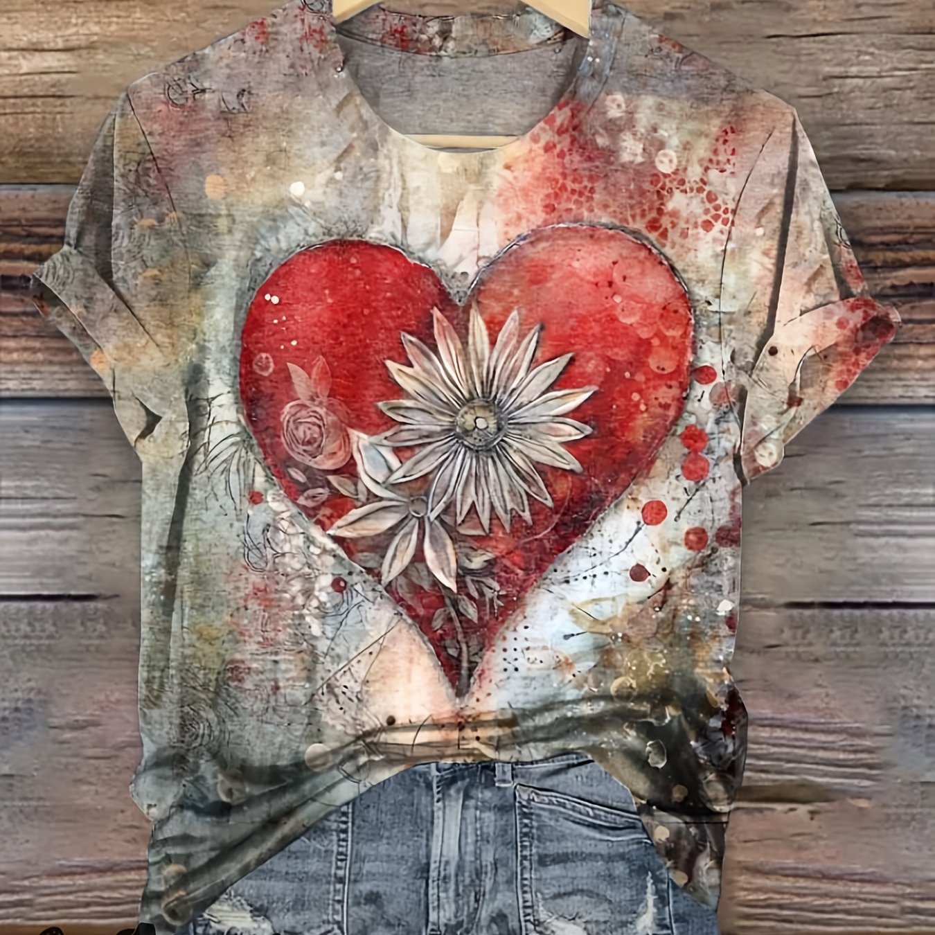 TEMU ] Women's Casual Heart Print Short Sleeve T-shirt - Soft Polyester Blend, With Floral And Splatter Patterns, Comfortable Wear