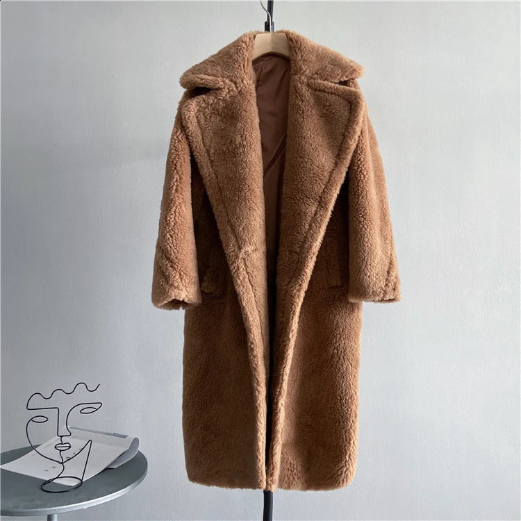 Winter Jacket Women Long Coat Wool Woven Fabric Thick Warm Outerwear Oversize Fashion Streetwear Teddy Bear Coats 240911