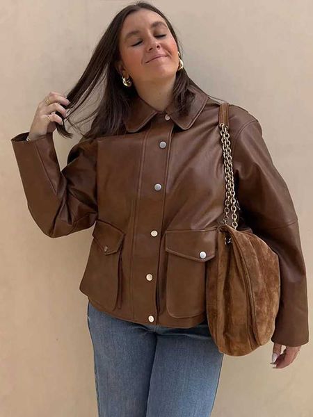 Leather Solid Women Jackets Turn-down Collar Single Breasted Lady Jacket 2024 Vintage Autumn Winter Pocket Loose Female CoatX240919
