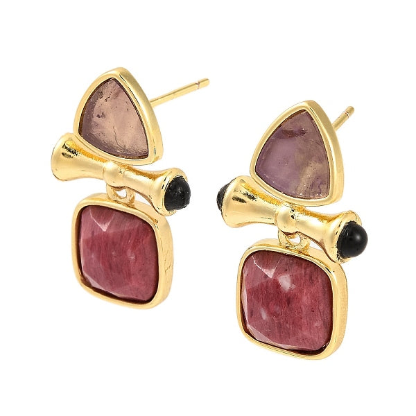 Placage ionique (ip) accessoires de boucles d'oreilles en améthyste naturelle et rhodonite naturelle