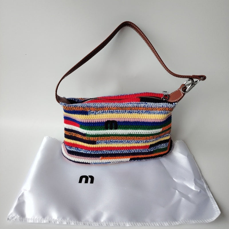 Shoulder Bags Rainbow Woven Bag Designer Tote Bag Summer Beach Bag Weekender Bags Designer Handbag Colored Stripes Wool Thread Crochet Weaving Under