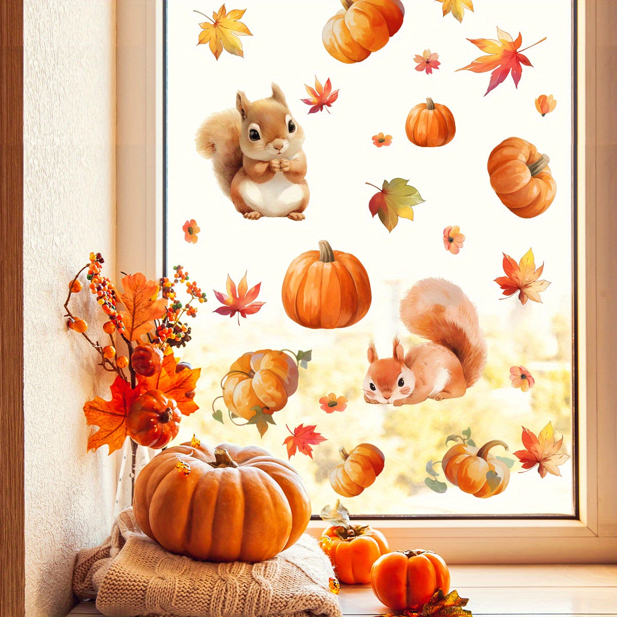 TEMU Window & Wall Stickers - Vibrant Pumpkin, Maple Leaf, Squirrel & Floral Static Cling Decals, Reusable 16mil Thick Plastic Decor For Home,