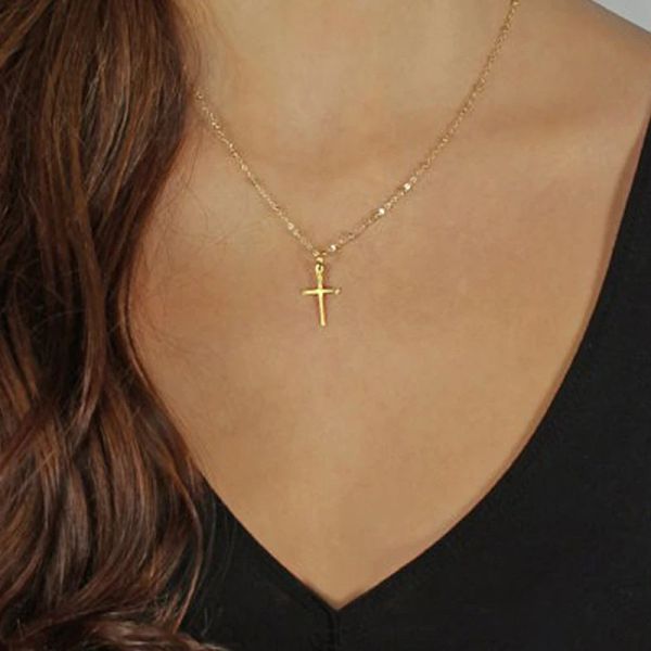 Classic Retro Jesus Cross 14k Yellow Gold Pendant Necklace Charming Womens Choker Chain Pendant Fashion Ladies Christian New Year Jewelry Gi