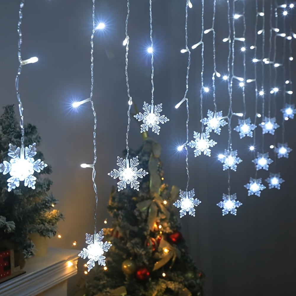 TEMU Snowflake Led Christmas Lights, 21.33ft 120 Led Icicle Curtain Lights Indoor-outdoor, Remote Control 8 Led String Fairy Holiday Lights For
