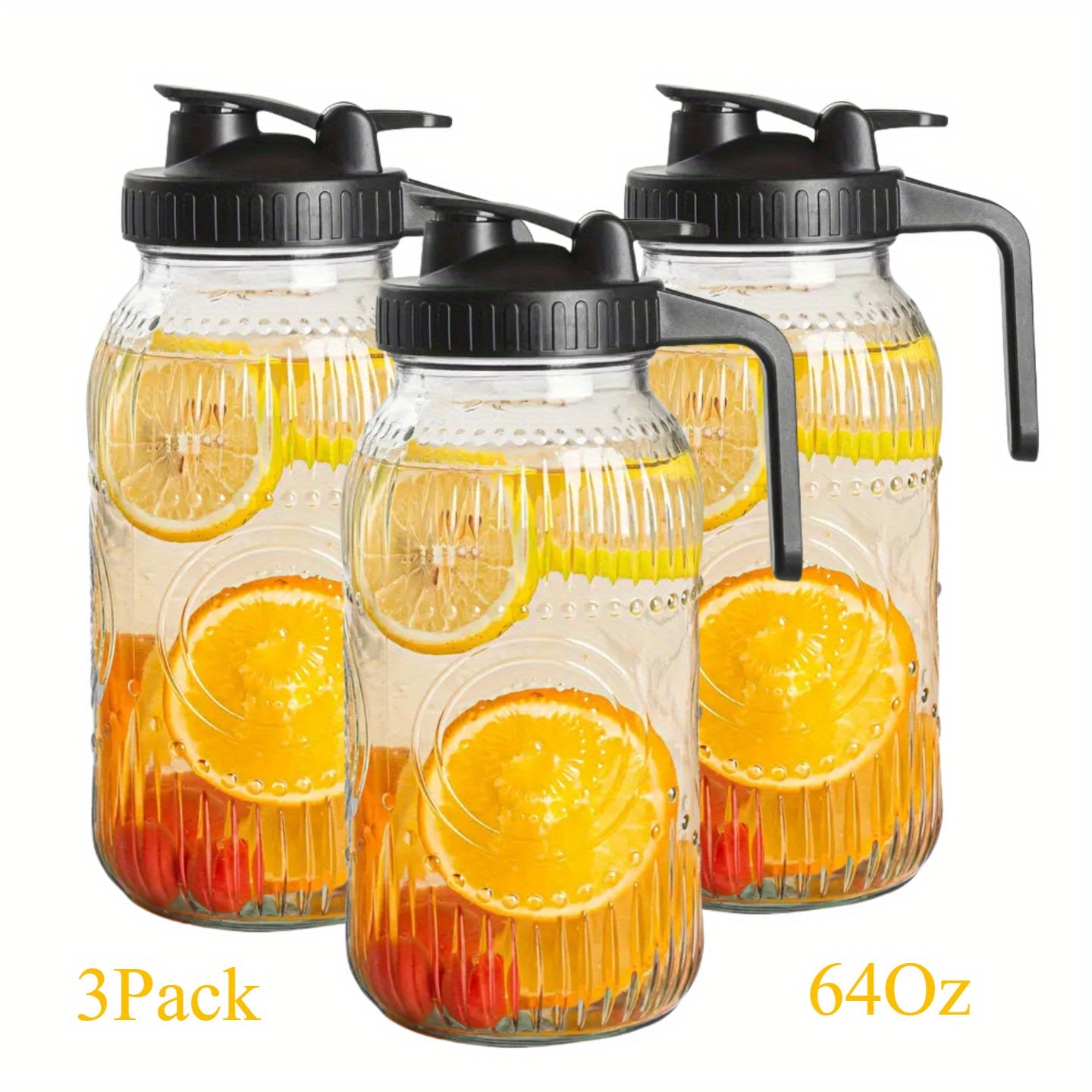 TEMU 3pack Vintage Half Gallon Mason Jar Pitcher Large 64oz Wide Mouth With Lid - 2 Quart Airtight Glass Jug For Water, Juice, Milk, Tea, Iced Coffee