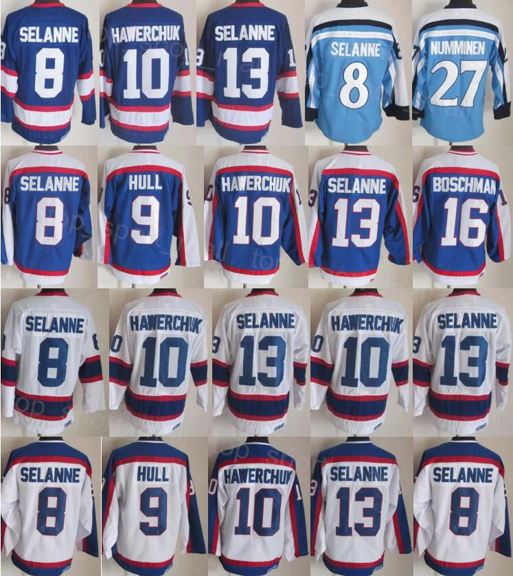 Men Retro Hockey 27 Teppo Numminen Jersey Retire 8 Teemu Selanne 10 Dale Hawerchuk 16 Laurie Boschman 9 Bobby Hull Vintage Classic CCM Blue White Br
