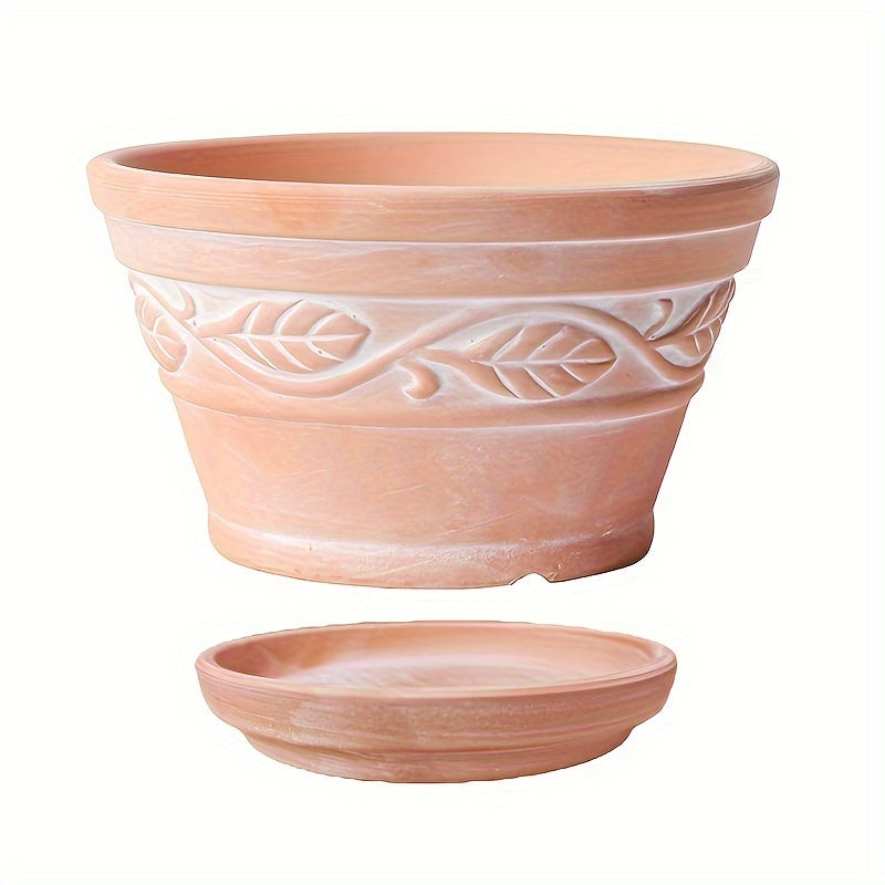 TEMU Rustic Terracotta Planter With Tray, Leaf & Fruit Grid Pattern, Vintage Artistic , Breathable Clay Pot For Succulents, Indoor & Outdoor Use,