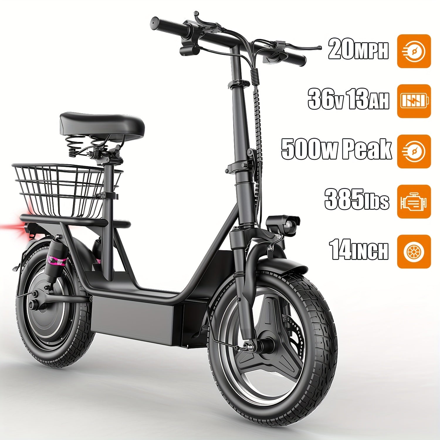 TEMU Electric Scooter With Seat & Basket - 30-mile Range, 20 Mph , 14" Pneumatic Tires, Dual Suspension, Height-adjustable Handlebar & Seat, 250-500w