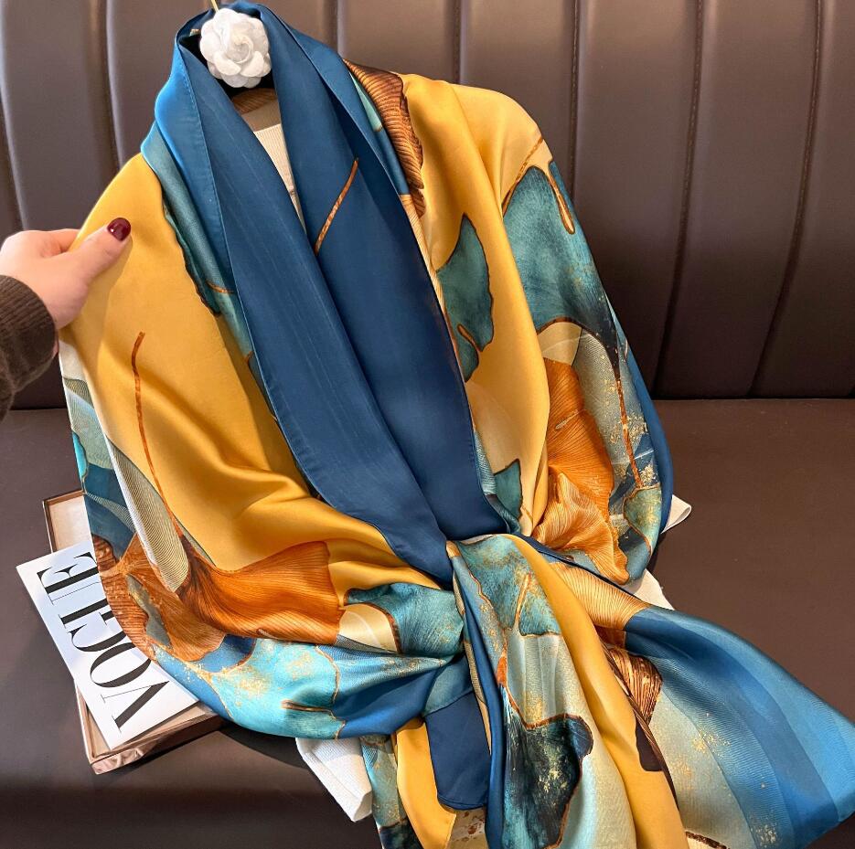 Fashion Scarf imitate Silk Scarves Spring Chiffon Stripe Flower Print Beach Towel Scarf For Women Girl Sunscreen Thin Gauze Scarf Long Scarves Wrap
