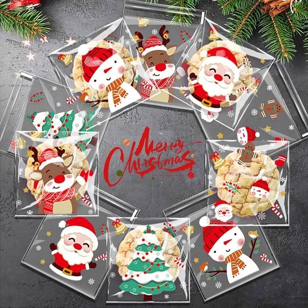 100pcs Christmas Candy Cookie Bags SelfAdhesive Cellophane Xmas Party Decoration Gift Packaging Bag Supplies Navidad 241113