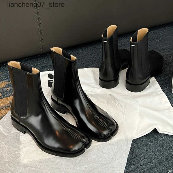 Boots 2023 Stretch Slip On Chelsea Boots Woman Split Toe Low Heels Ankle Botas Feminina Tabi Shoes Winter Patent-Matte Leather Botines J2411