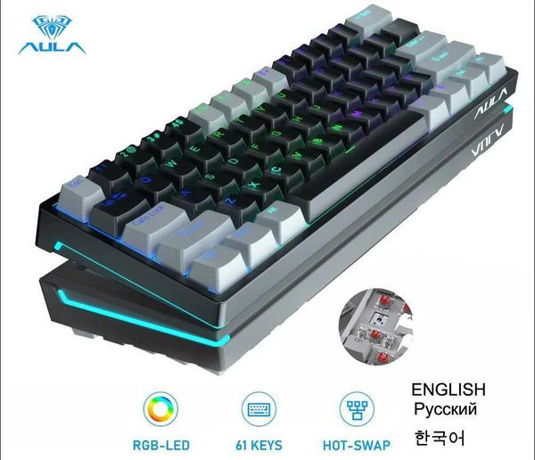 AULA F3261 RGB effect USB Mini Mechanical Gaming Keyboard Red Switch 61 Keys Wired Separated detachable cable for Mac WindowsM240715