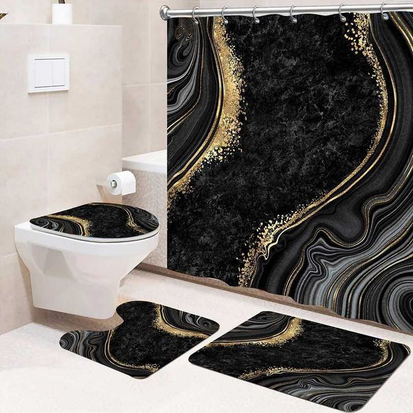 4pcs Set Doormat Shower Curtain with Non-Slip Rugs Toilet Seat Cover Bath Carpet Durable Waterproof Bathroom Home Entrance Decor Y240815