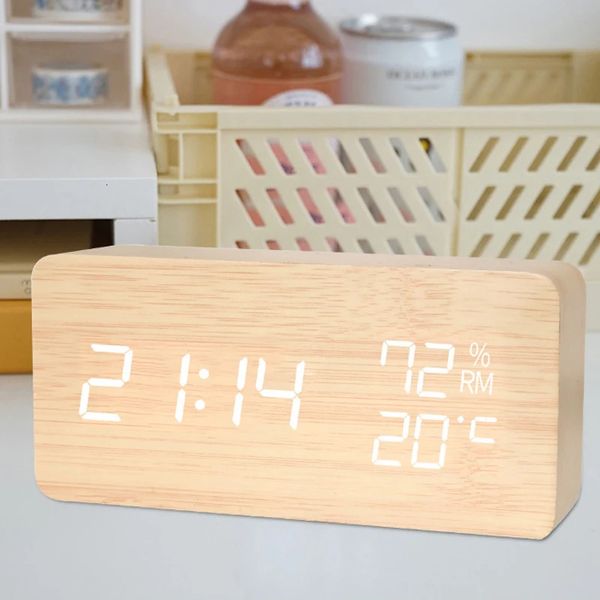 Creative multifunctional wooden alarm clock simple wooden clock student gift electronic clock temperature and humidity display 241216