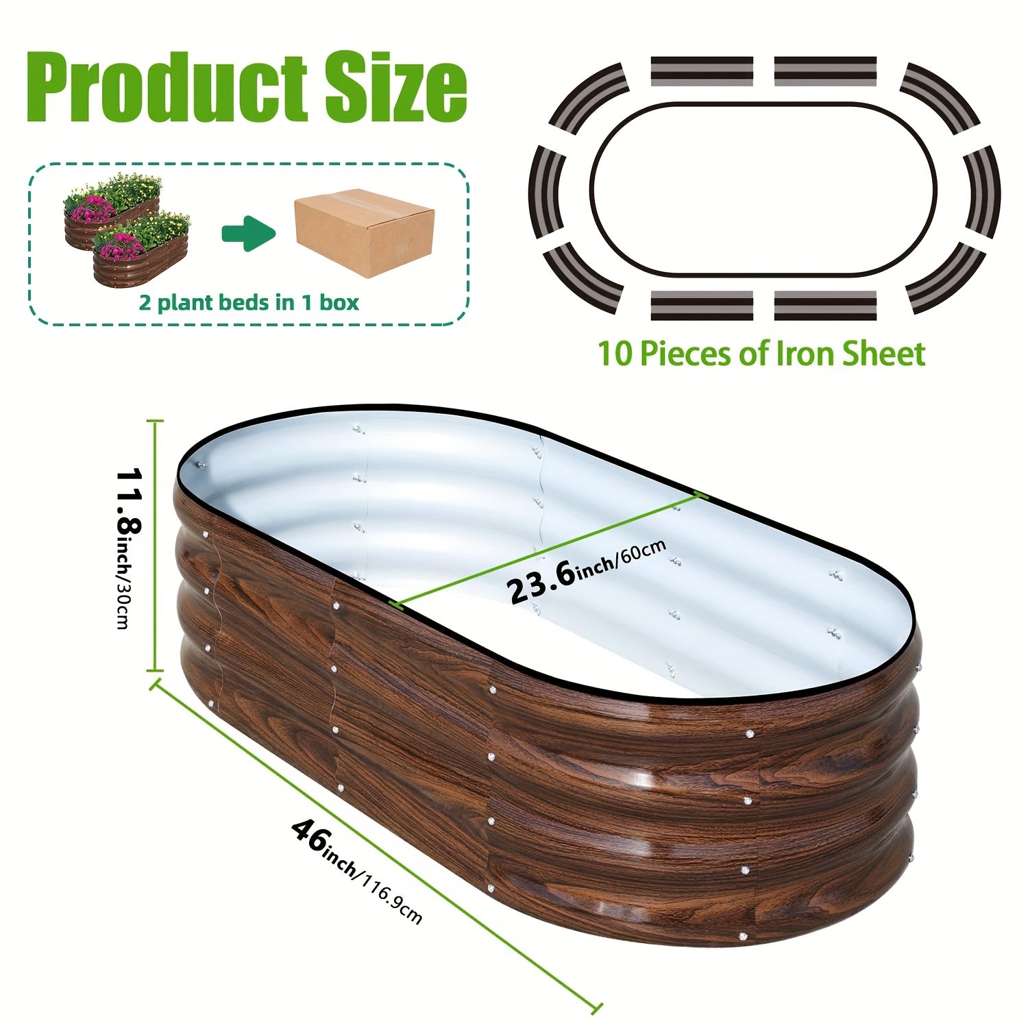 TEMU 2pcs 46x23x11in Ft Raised Garden Bed Outdoor, Oval Metal Planter Box For Planting Plants Vegetables, Brown