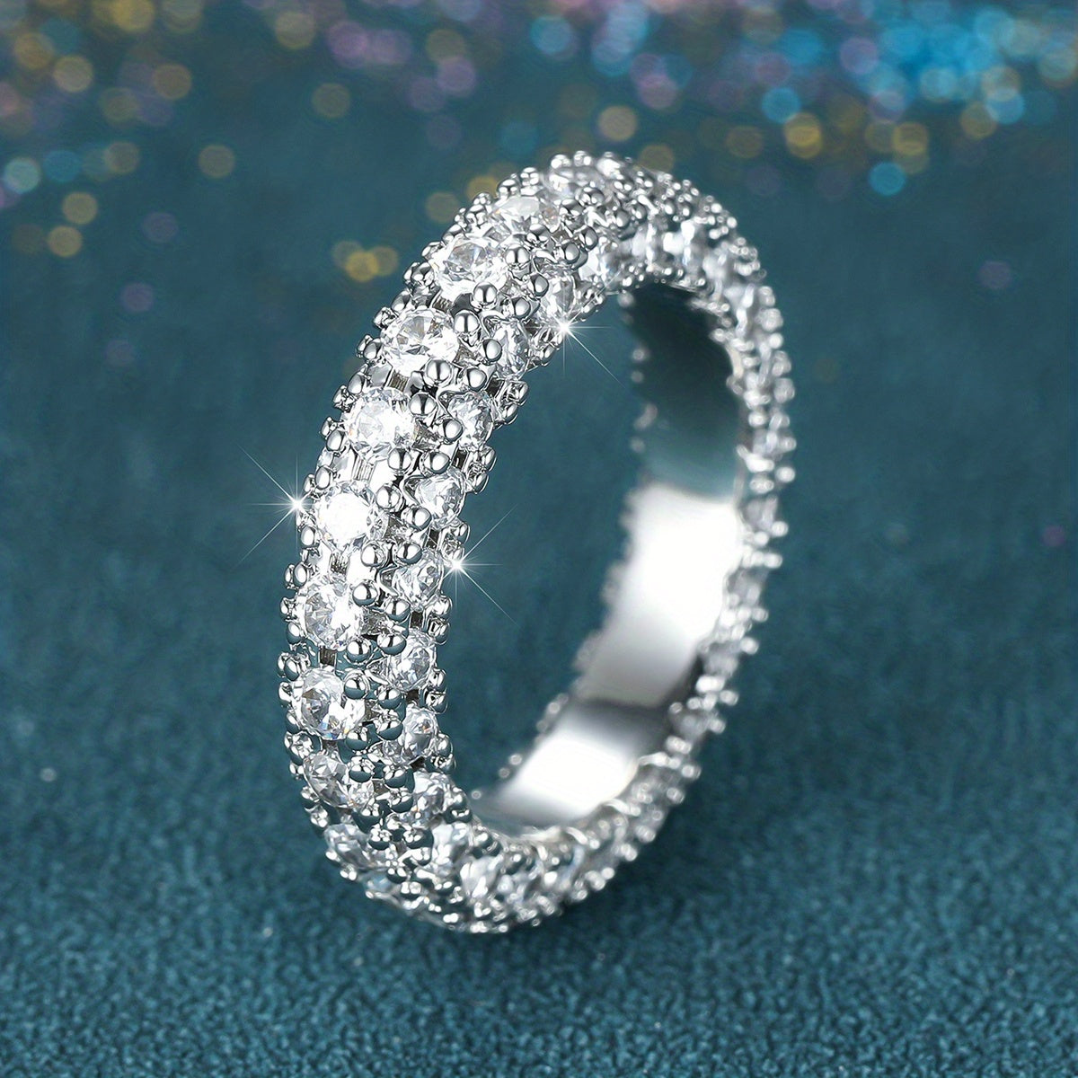 TEMU Elegant Triple-row White Cubic Zirconia Ring - Luxurious Copper Engagement Band For Women, Weddings & Casual Attire