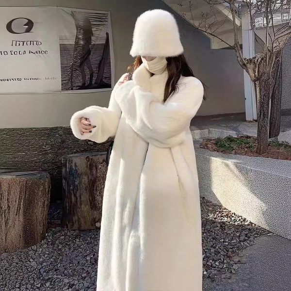 Stand Collar Faux Mink Fur Coat Women Winter Long Plush Elegant Fluffy Jacket High Quality Thick Furry Overcoat 2024 New