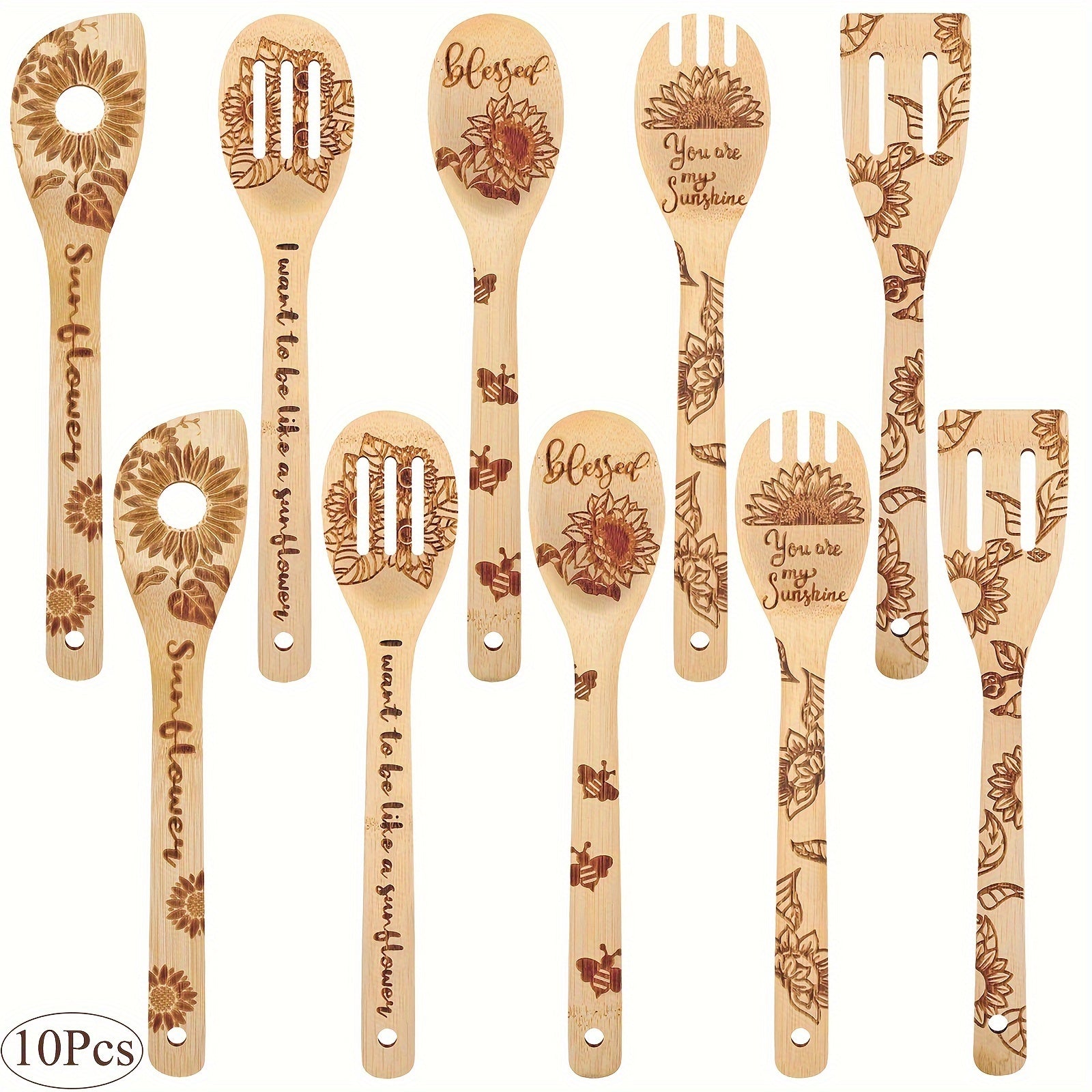 TEMU 10pcs Sunflower Theme Bamboo Spoons Utensil Set, Carve Bamboo Cookware Kitchen Gadget Kit For Teacher Appreciation Gift Teachers Day Birthday