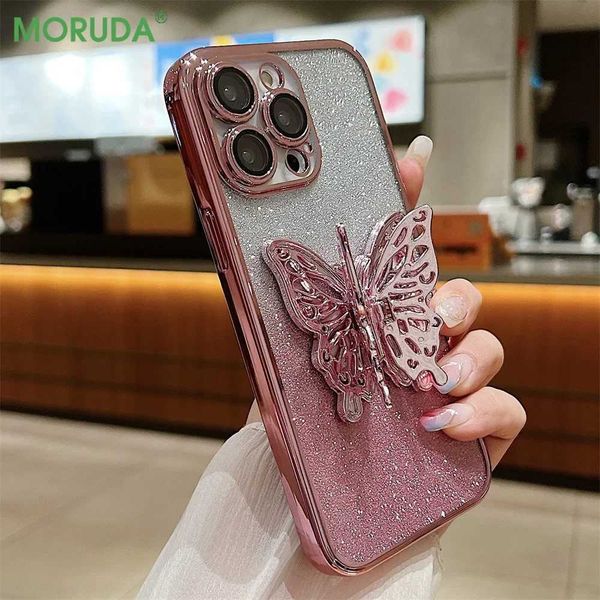 Flitter Gradient for Butterfly Stand Phone Case for iPhone 15 16 ProMax 14 13 12 11 Pro Max 16 Plus Ultra Thin Coated Lens Cover W241012