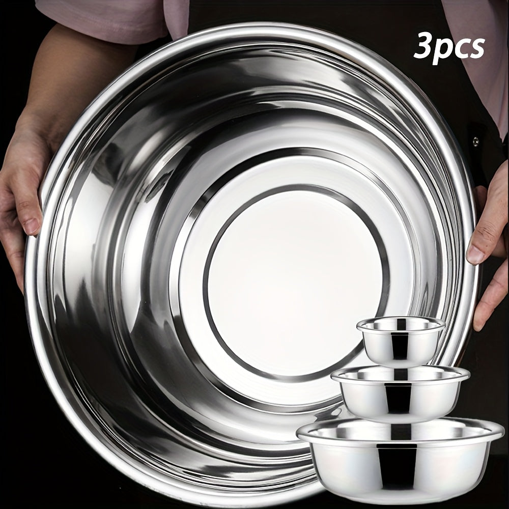 TEMU 3pcs Stainless Steel Mixing Bowl Set, Rice Washing And Salad Bowls – Reusable, Durable & Easy To Clean, Space-saving Nesting Design For Perfect