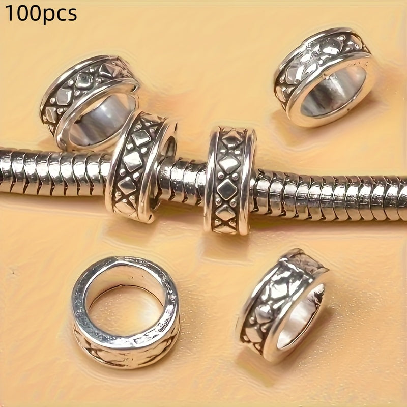 TEMU 100pcs Large Hole Ancient Silvery Bead Diy Alloy Jewelry, Accessories, Bracelet, Clavicle Chain, Earrings, Fashion Pendants