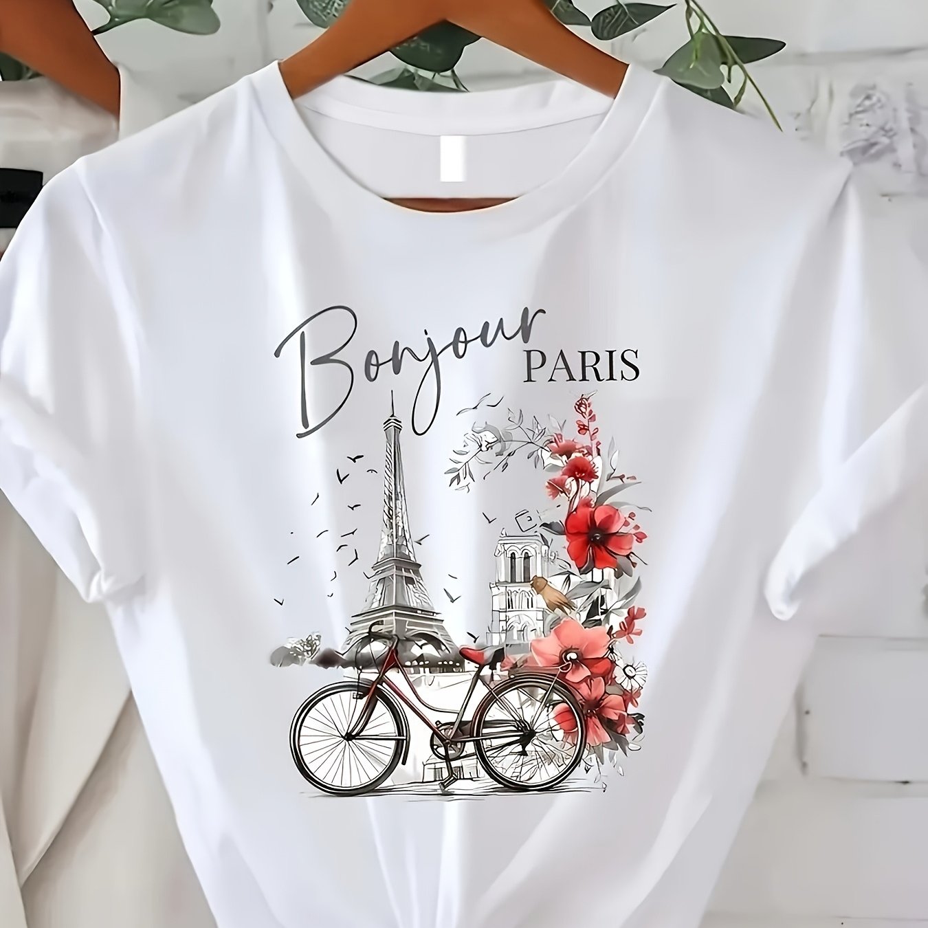 TEMU Fashionable Floral Romantic Parisian Printed Women's T-shirt, Comfortable And Relaxed, Round Neck, Suitable For All , Elegant Casual Top, ,