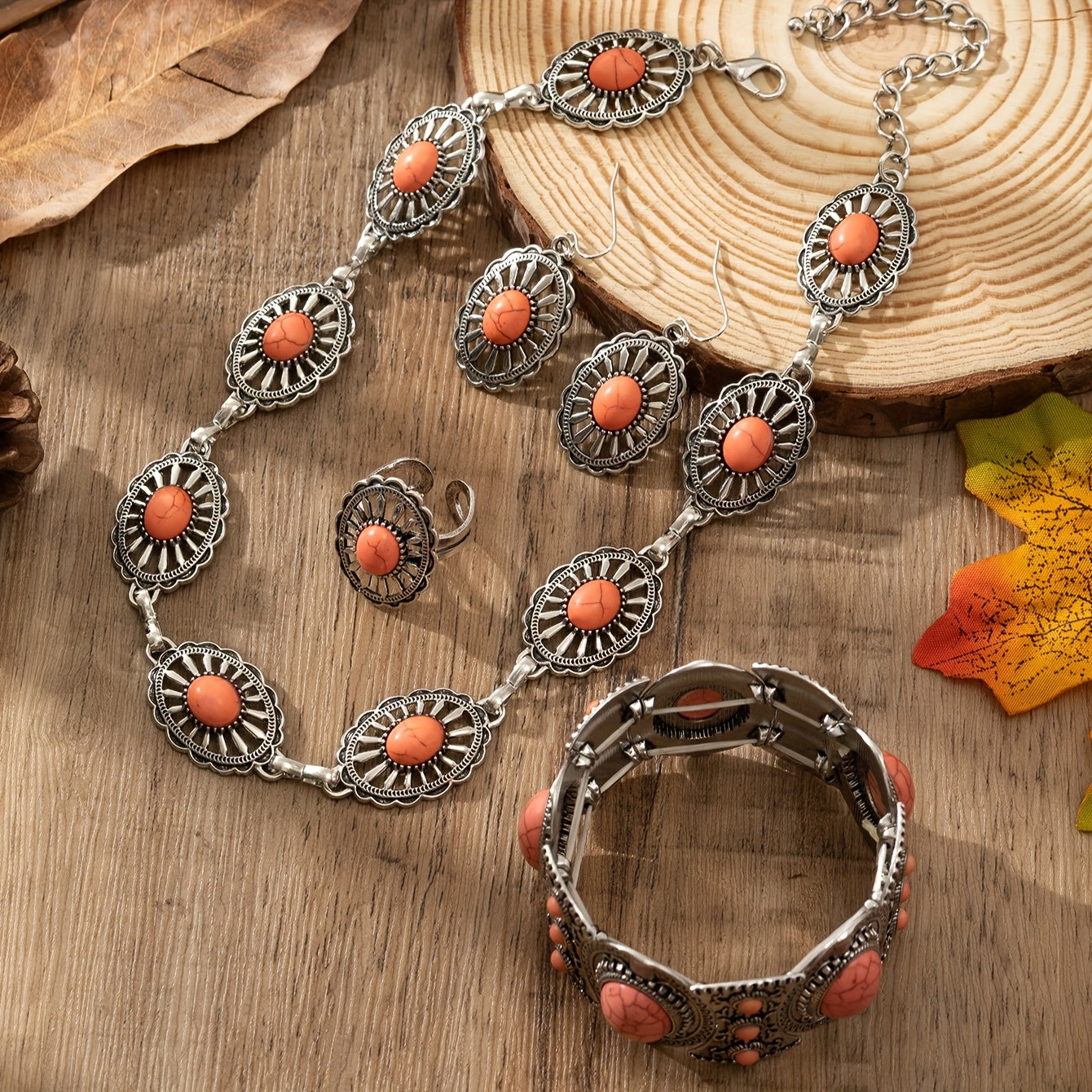 TEMU Bohemian Style Women's Vintage Stone Carved Lace Alloy Necklace, Earrings, Ring & Bracelet Set For Outfits, Daily Wear And Holidays