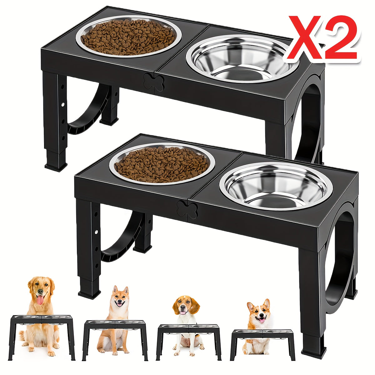 TEMU 2 Set Elevated Dog Bowls With 4 Stainless Water Food Bowls, Raised Dog Bowl Stands For Large Medium Sized Dog, Adjustable -11-12-14in, Black