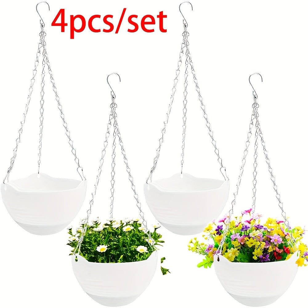 TEMU 4 Pack White Plastic Hanging Plant Pots With Chains & Drainers - Bohemian Style Oval Flower Planters With Decorative Edges, Durable