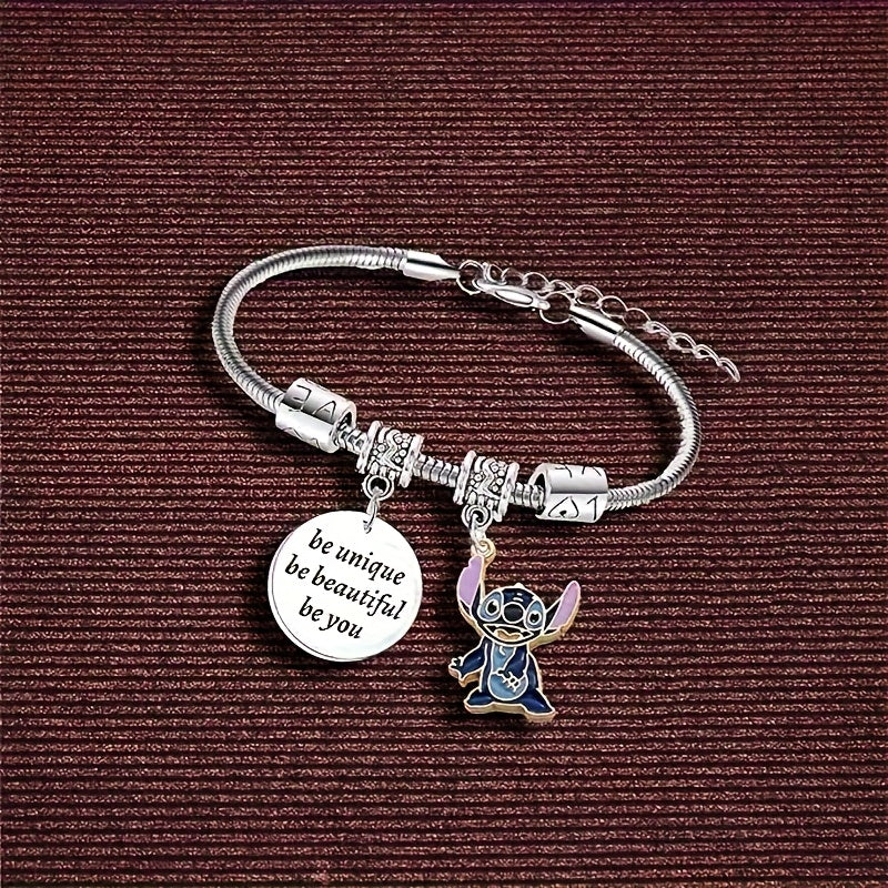 TEMU 1pc & Stitch Cjar, Bracelet, Stitch Round Plate Lettering Pattern Blue Heart Charm Bracelet, Valentine's Day Jewelry Gifts For Women