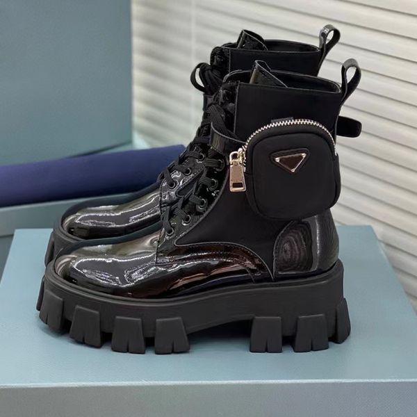 Monolith glossy leather nylon mid length boots Round head frenulum Designers booties leather shoes Ankle boot military inspired combat boot