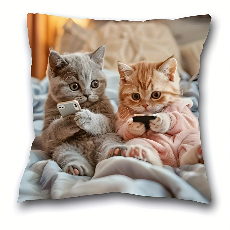 TEMU 1pc Kitten Print Short Plush Pillowcase 17.7"x17.7" - Cozy French Style, Machine Washable, Zippered Closure, 100% Polyester - Living Room &
