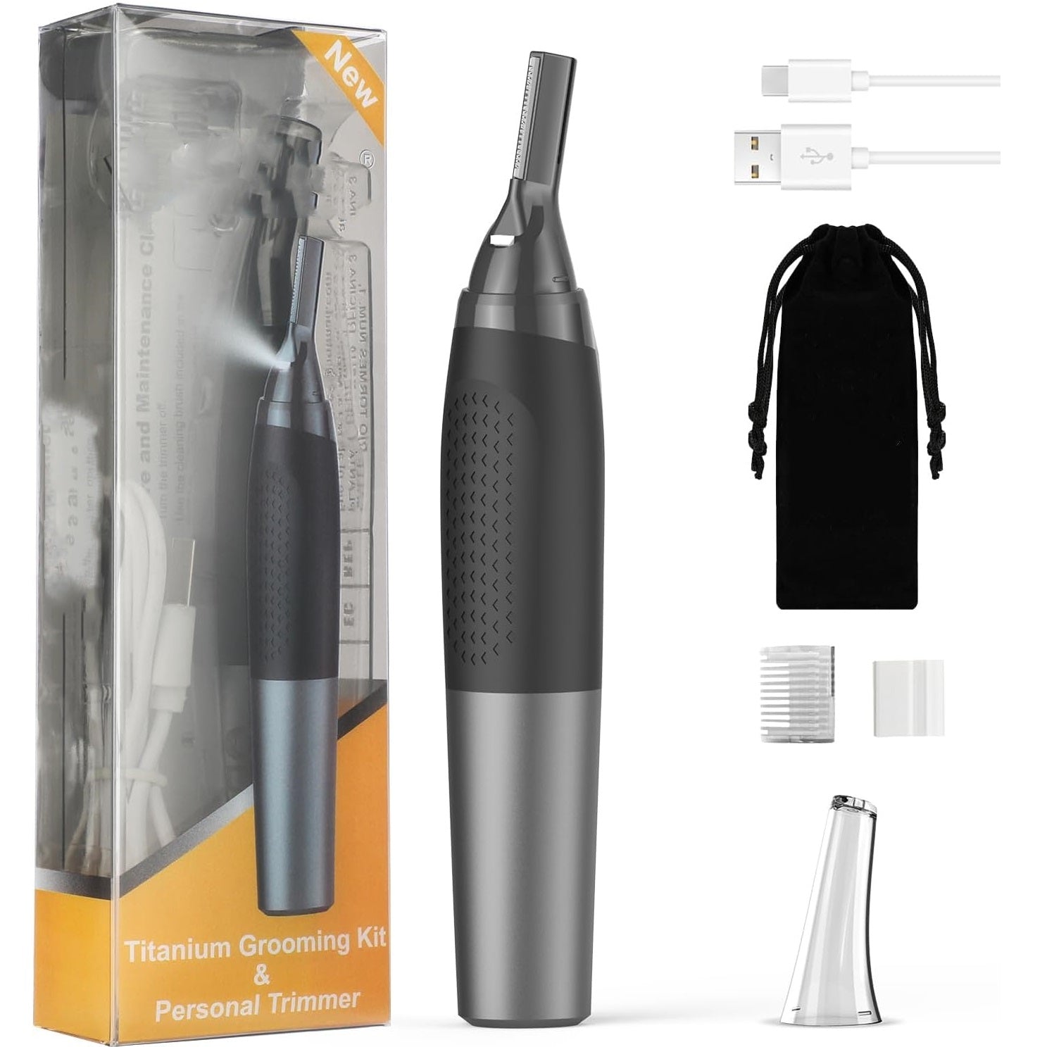 TEMU Usb Rechargeable Titanium Grooming Kit & Precision Personal Trimmer – Dual- Blade For Nose, Ear, And Facial Hair Removal With Travel Case &