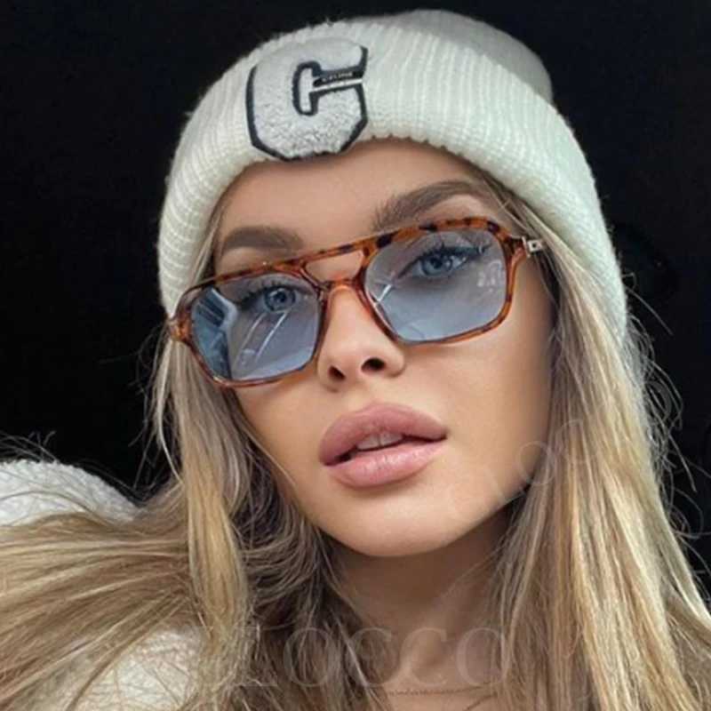 Vintage Small Frame Square Sunglasses Women Men Fashion Luxury Brand Double Bridge Sun Glasses For Female Leopard Blue EyewearX240920