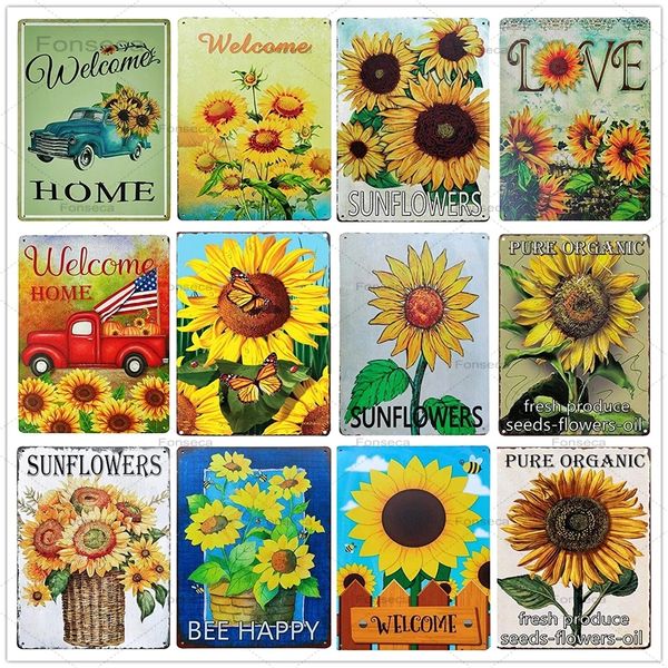 Rustic Sunflower Art Painting Signs Vintage Wall Metal Plates Home Garden Decoration Plate Farmhouse Bathroom Decor Country Wall Art Paintin