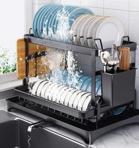 Utensil Rac 2 Tiers Dish Drying Bowl Drainer Storage Rack Kitchen Utensils Organizer Knife Fork Water Cup Holder Pot Lid S247304