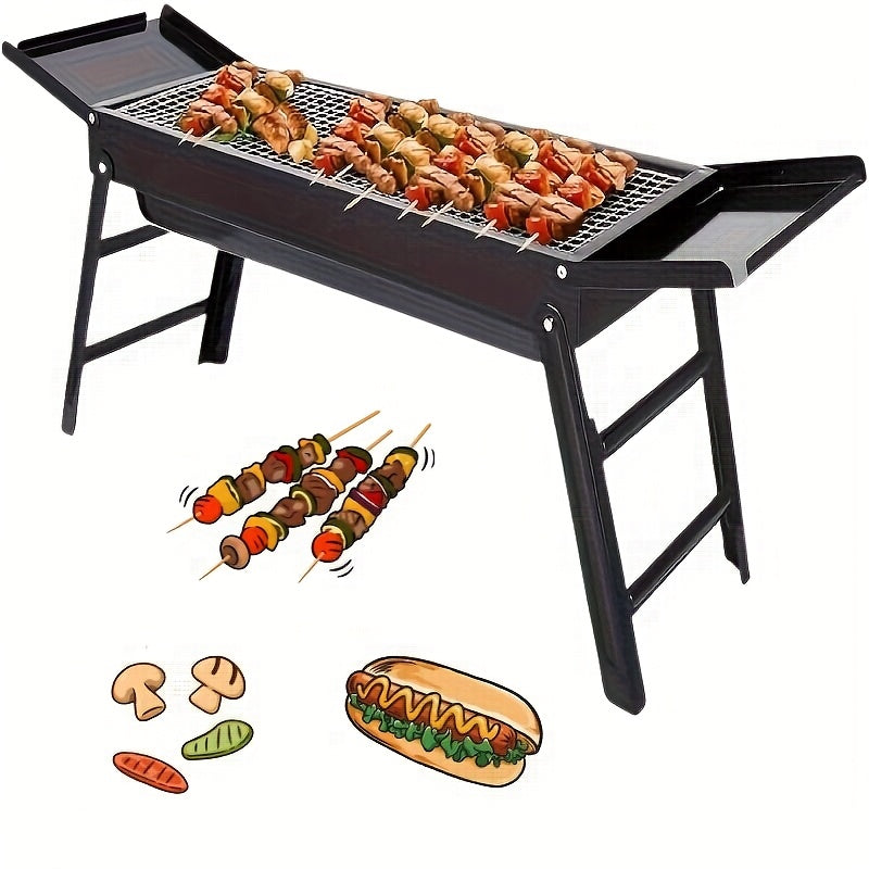 TEMU 23-inch Heavy-duty Stainless Steel Portable Foldable Bbq Grill With Free (gloves-tin Foil-bamboo Skewers) - Large Surface For 3-5 People Outdoor