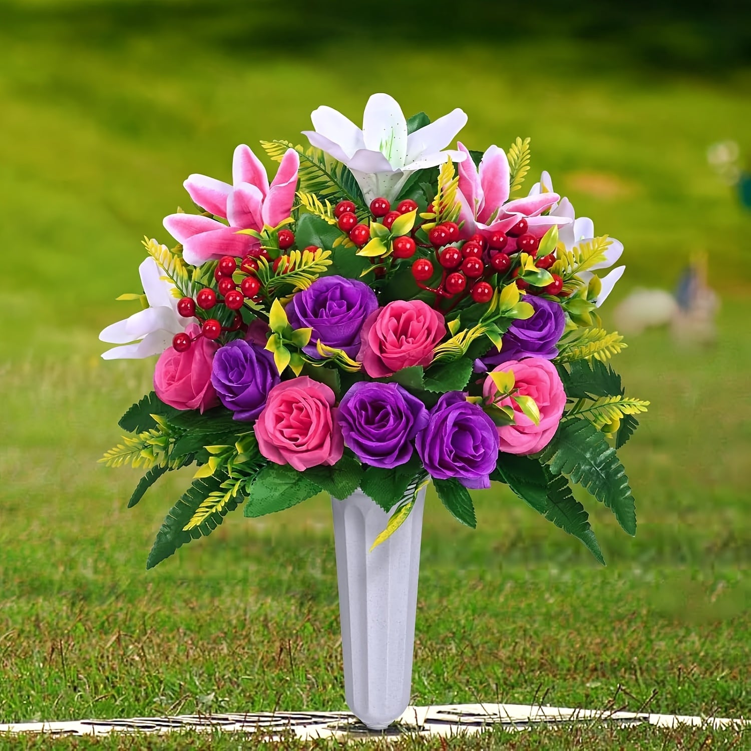 TEMU 2 Artificial Grave Flowers With 1 Vase, Outdoor Simulation Flowers, In Memory Of , Roses And Lilies