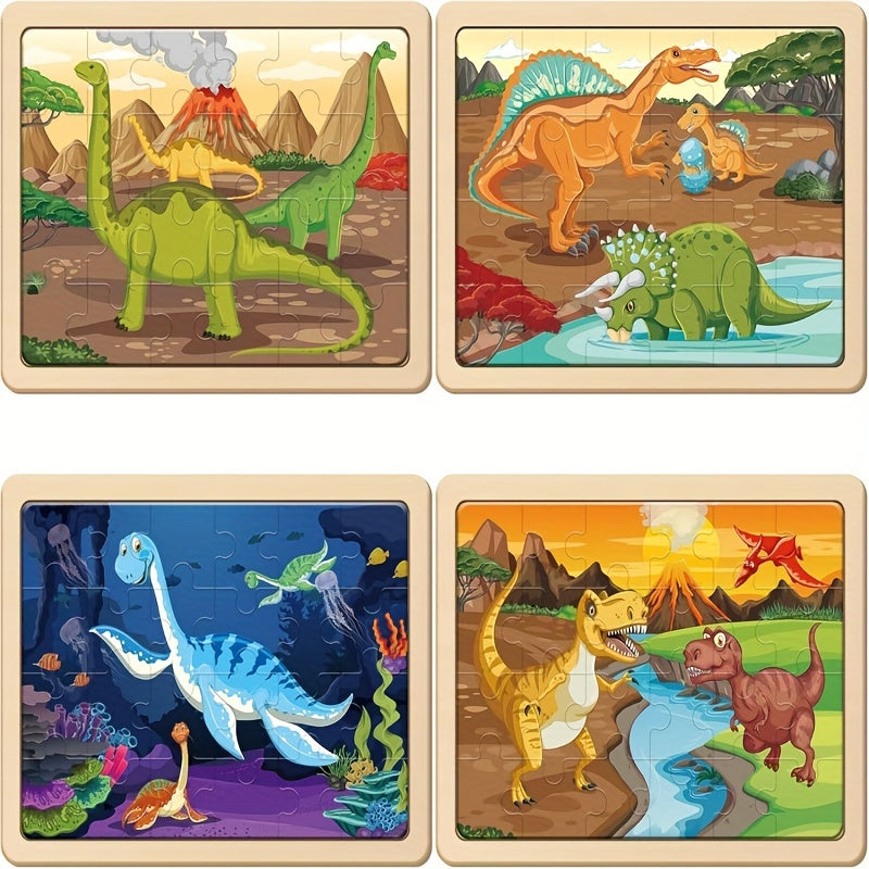 TEMU Wooden Dinosaur Puzzle For Children Aged 3-8 Years, 4 Bags, 24pcs, Preschool Education Brain Sharp Turning Board, Children's Gift, Wooden