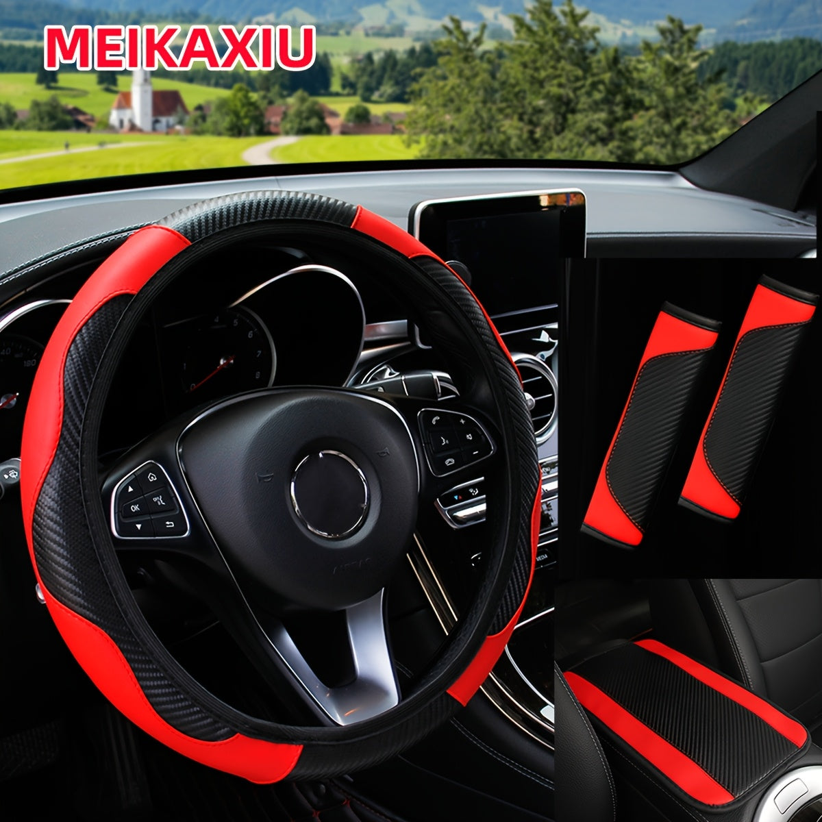 TEMU 4pcs Carbon Fiber Pupu Leather Pu Leather Car Steering Wheel Cover Set With Armrest Pad, Fits -15 Inch, Interior Accessories Kit
