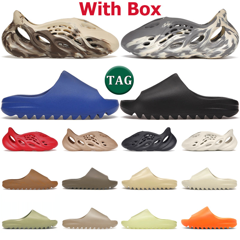with box foam slides runners men women sandals sliders Onyx Bone Desert Sand Pure Azure Ararat Sulfur Ochre Cream Moon Gray Clay mens outdoor summer