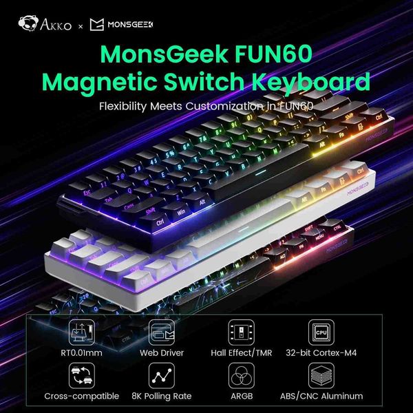 Keyboards Akko MonsGeek FUN60 Mechanical Keyboard Magnetic Switch 60% Gaming Keyboards Rapid Trigger 0.01mm 8K ARGB HE-TMR Custom Keyboard J