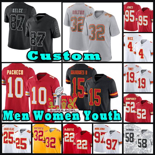 15 Patrick Mahomes 87 Travis Kelce Football Jerseys 32 Nick Bolton 10 Isiah Pacheco Trent McDuffie Rashee Rice Felix Anudike-Uzom Chris Jone