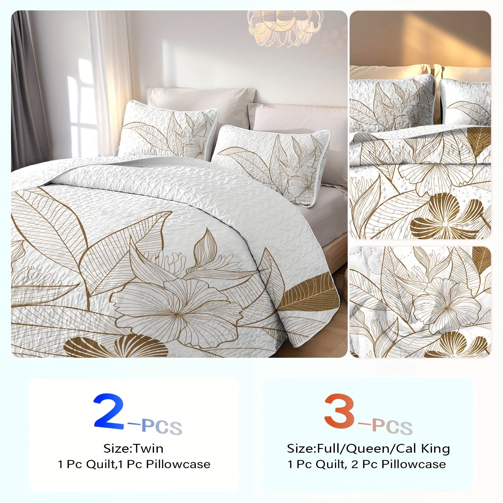 TEMU 2-3pcs Golden Tropical Plant Print Quilt Set (1 Quilt + 1-2 Pillowcases), 100% Polyester To Clean Bedspread Set, Summer Bedding Set, Lightweight