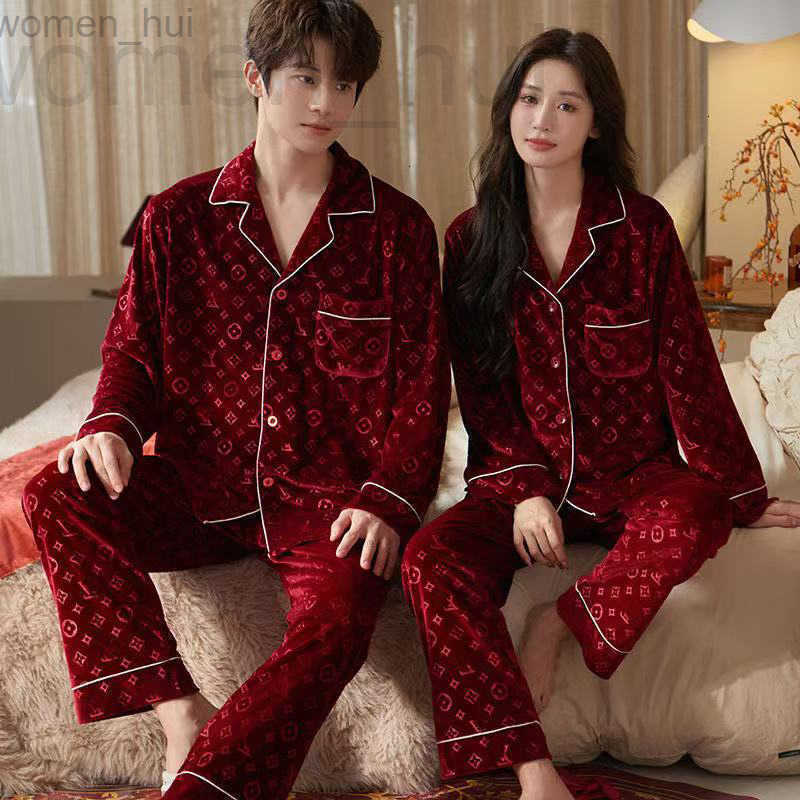 Women&#039;s Sleepwear designer Spring and autumn golden velvet pajamas men&#039;s advanced sense of light luxury red burst long-sleeved trousers co
