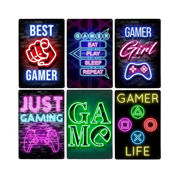 Gaming Room Accessories Neon Sign Metal Painting Wall Art Decoration Poster Gamer Life Internet Cafe Club Plaque Home Decor Plate 30X20cm W0