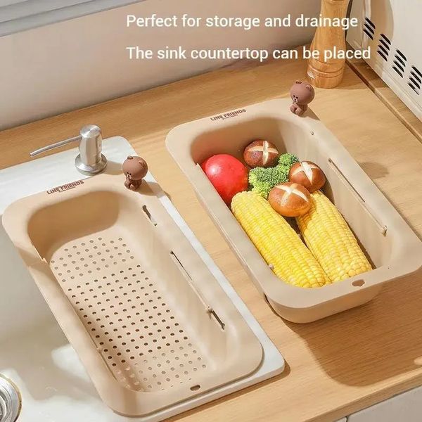 Brown CartoonAnime Retractable Drain Basket Kitchen Household Sink Folding Vegetable Basket LargeCapacity Drain Rack Fruit Plate 250113