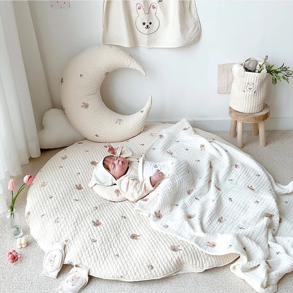 Korean circular crawling mat detachable and washable floor mat rabbit flower embroidered carpet rens room decoration carpet 241126