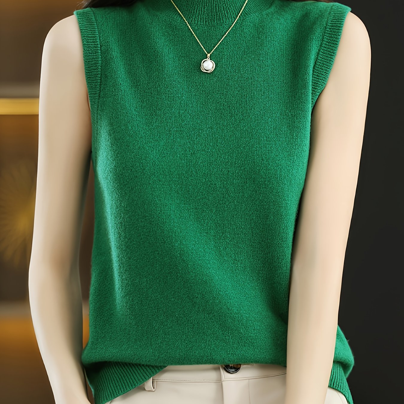 TEMU Women's Slim-fit Short Sleeveless Vest - Half High Neck Sweater Jacket, Beige- Solid Color, Spring Summer Layering Piece, Casual & Dressy