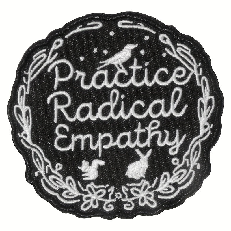 TEMU 1pc Practice Radical Empathy Patch - Circular Black & White Iron-on Badge With Floral Wreath & Birds Design For Jackets, Trucker Hats, Bags -